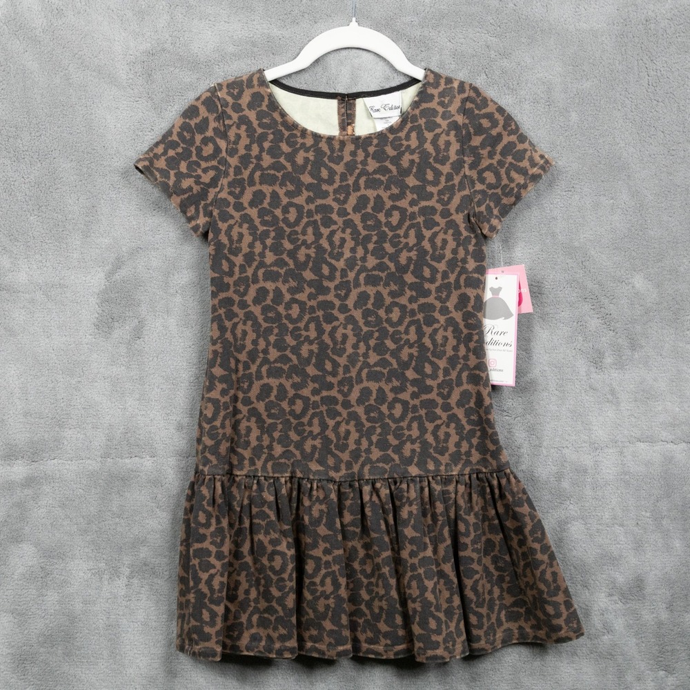 RARE EDITIONS Leopard Print Drop Waist Ruffle Tiered Dress Brown Girls Sz 8 NWT